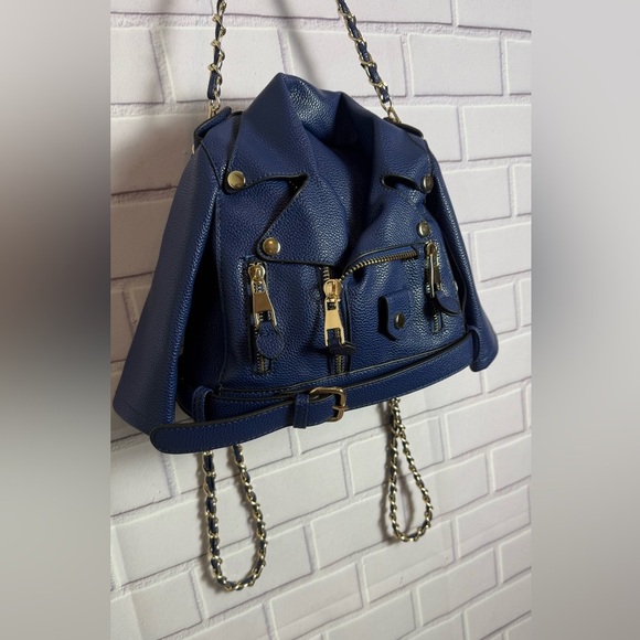 Blue Faux Leather Moto Jacket Style Backpack Purse Gold  display picture 1